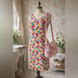 Vintage Y2K Studio Ease Linen / Rayon Floral Multicolour Sleeveless Dress